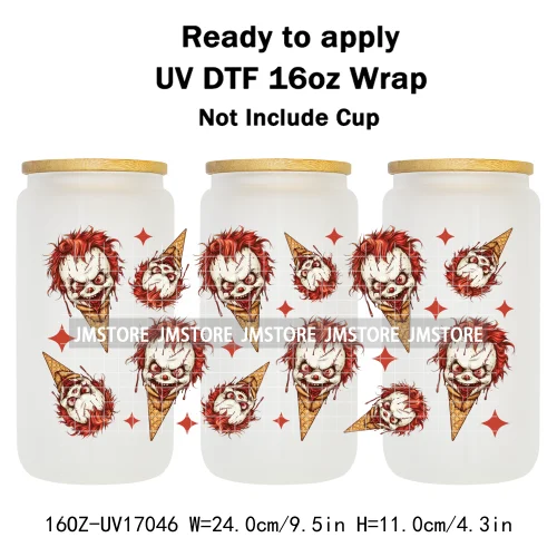 Ice Cream Halloween Killers Horror Characters UV DTF Stickers Ready To Apply Cup Wrap Custom Labels For 16OZ Libbey Can Glass