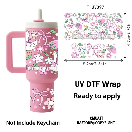 Pink Coquette Bow Goose Daisy Flower UV DTF Mini Tumbler Keychain Wraps Ready To Apply Transfer Stickers Prints Waterproof Decal
