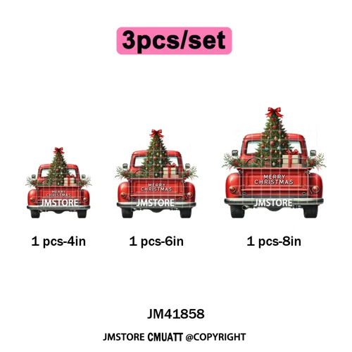 Christmas Pickup Truck Car Winter Tree Snowy Holiday Decoration Iron on DTF Heat Transfers Stickers Ready to Press for Clothing