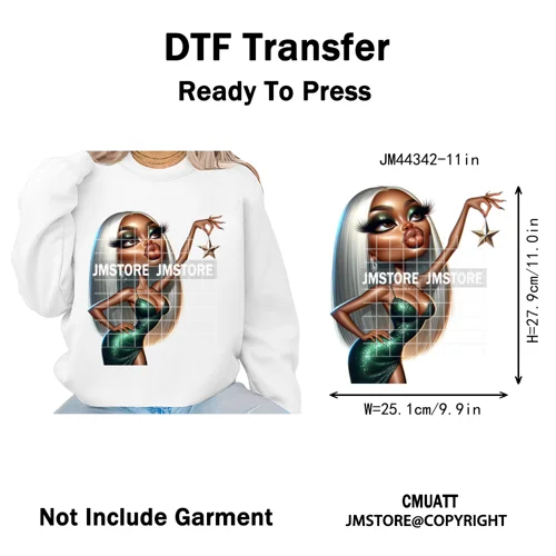 Cool African Melanin Girls Christmas Season Holiday Moody Iron on Washable DTF Heat Transfer Stickers Ready to Press for Hoodies