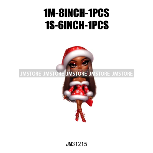 Merry And Bright Melanin Christmas Winter Festive Cheer Santa Woman Iron On DTF Transfer Stickers Ready To Press For Sweatshirts