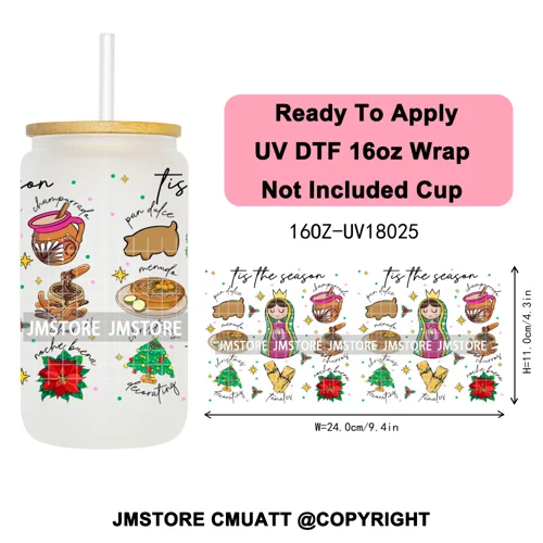 Tis The Season Mexican Christmas Coquette UV DTF Cup Wrap Ready To Apply Transfer Stickers Tumbler Wraps For Libbey Glass Can