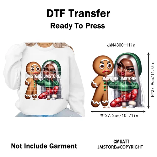 Sassy Black Girl Santa Christmas Bright Gingerbread Iron on Washable DTF Heat Transfers Stickers Ready to Press for Sweatshirts