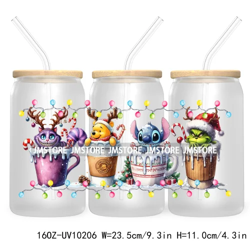 Christmas Lights Cartoon Coffee Cups 16OZ UV DTF Cup Wrap Transfer Stickers Custom Labels Waterproof Logo For Libbey Glass Can