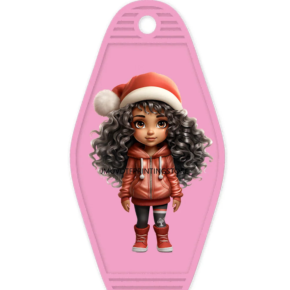 Merry Christmas Little Girls With Santa Hat High Quality WaterProof UV DTF Sticker For Motel Hotel Keychain