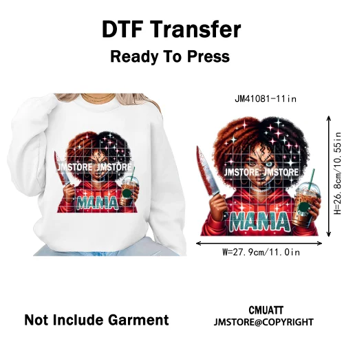 Horror Afro Mama Coffee Lover Scary Girly Killer Halloween Movie Iron on DTF Transfers Stickers Ready to Press for Textile Bags