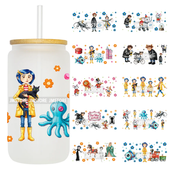 Horror Movie Witchy Girl Black Cat UV DTF Wraps Transfer Sticker Selfadhesive Waterproof High Quality For 16OZ Libbey Glass Can