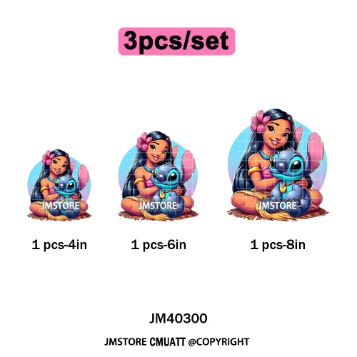 Cute Cartoon Blue Animal Princess Best Friends Designs Iron on DTF Washable Transfers Stickers Ready to Press for Clothing Bags