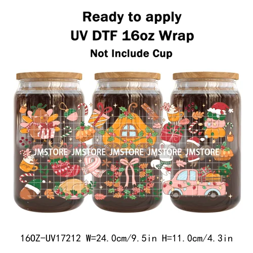 Cute Christmas Ghost Coquette Strawberry Cake UV DTF Stickers Ready To Transfer Cup Wrap Waterproof Logo For Libbey Can Glass
