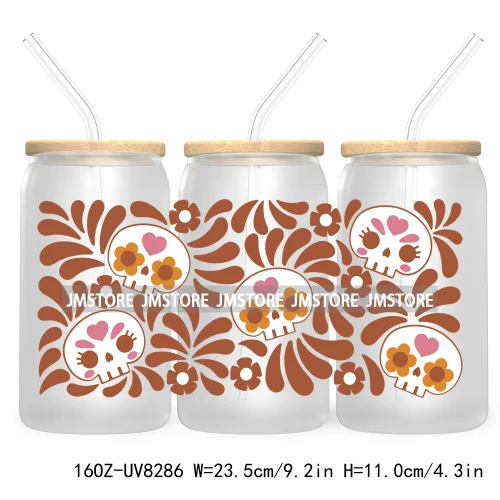 Mexican Butterfly Flowers 16OZ UV DTF Cup Wrap Transfer Sticker Custom Label Waterproof Logo For Libbey Glass Can Latina Culture