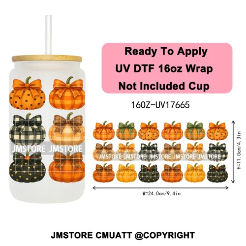 Halloween Fall Autumn Pumpkins Coquette Leopard Bow UV DTF Cup Wrap 16OZ Ready To Apply Transfer Stickers For Libbey Glass Can
