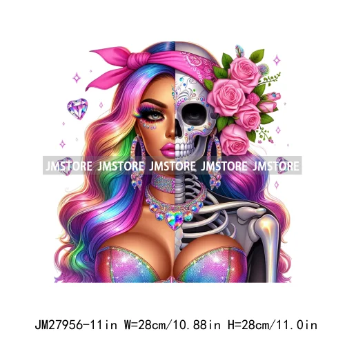 Raninbow Diamond Glamor Latina Skeleton Woman Rose Chicana  Earing Girls DTF Iron On Heat Press Transfer Stickers For Clothes