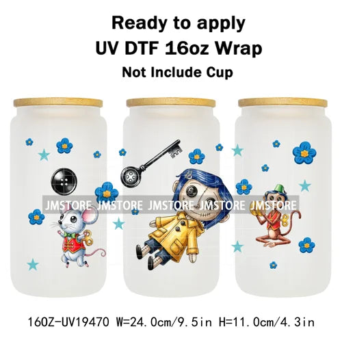 Horror Movie Witchy Girl Black Cat UV DTF Wraps Transfer Sticker Selfadhesive Waterproof High Quality For 16OZ Libbey Glass Can