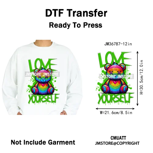 12in Cartoon Gangster Hip Hop Streetwear Teddy Bear Lover Designs Iron on DTF Heat Transfers Stickers Ready to Press for Hoodies