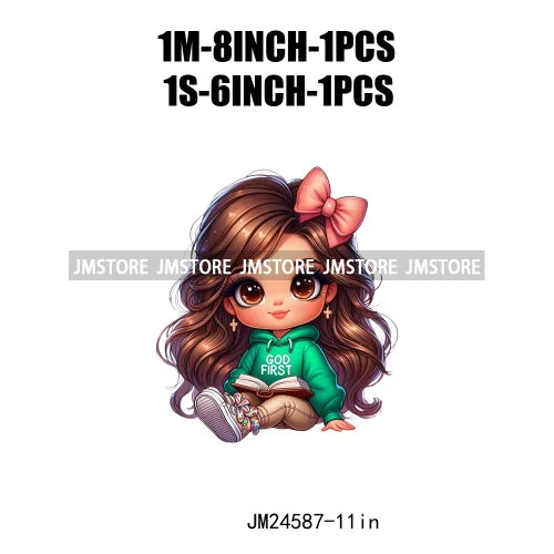 God First Chibi Cute Brown Hair Latina Dolls Baby Girls Coquette Bow Iron On DTF Transfer Stickers Ready To Press For Hoodies