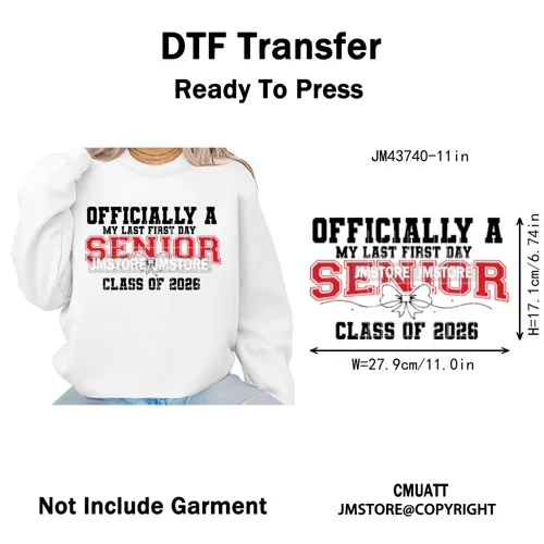 High School Senior Year Class of 2026 My First Last Day Iron on Washable DTF Heat Transfers Stickers Ready to Press for Hoodies