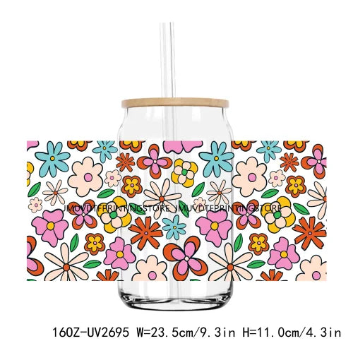 Colorful Wild Floral Flowers 16OZ UV DTF Cup Wrap Transfers Stickers Custom Labels DIY Waterproof Logo For Libbey Glass Can