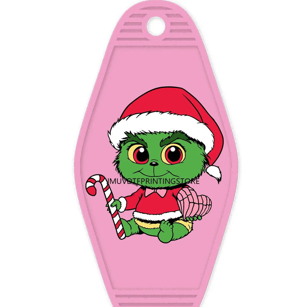 Christmas Cute Baby Green Guy With Santa Hat Gifts High Quality WaterProof UV DTF Sticker For Motel Hotel Keychain