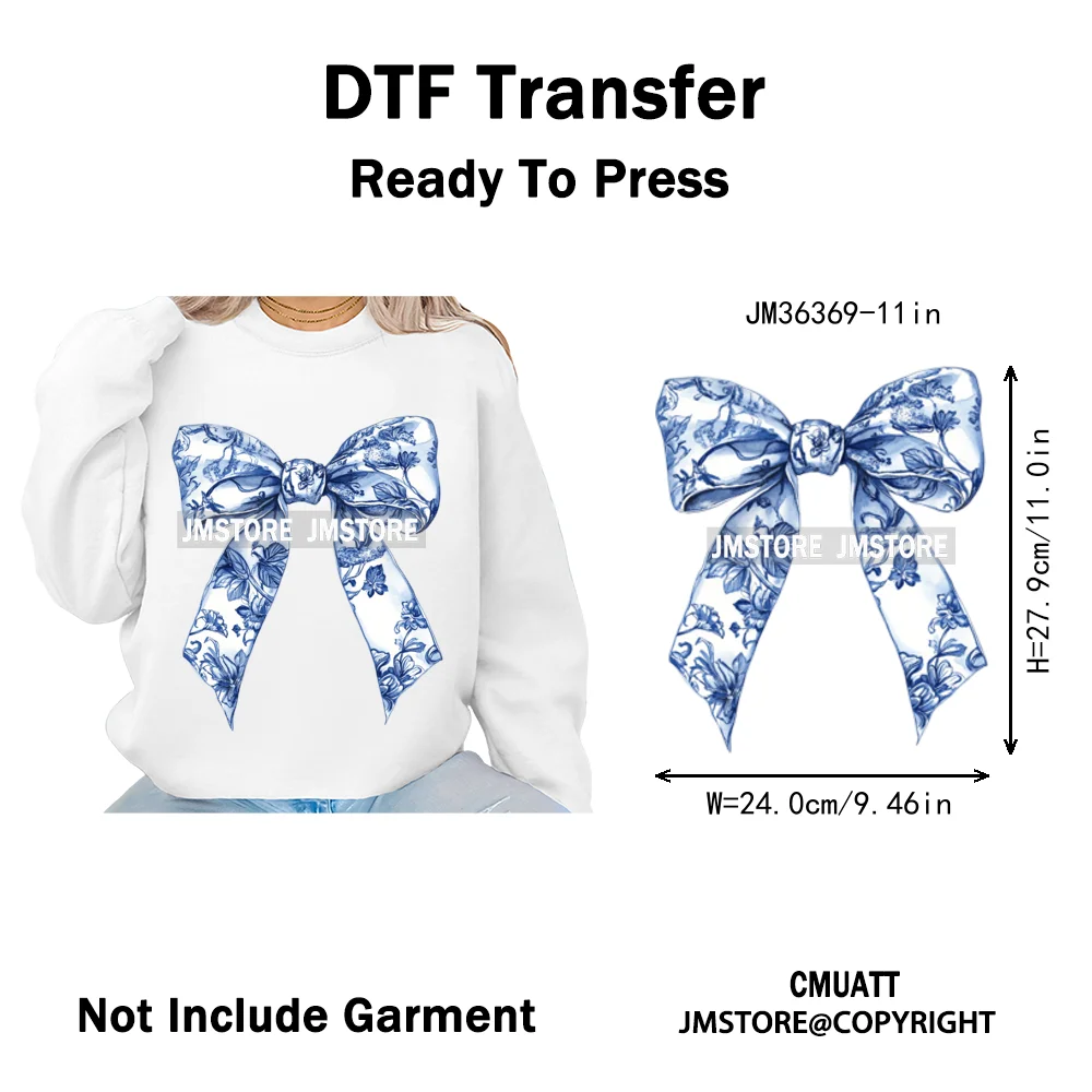 Blue And White Toile Chinoiserie Floral Coquette Bow Thermal Decals Iron on DTF Transfers Stickers Ready to Press for Clothing