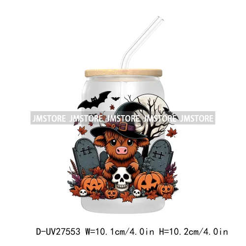 Cartoon Halloween Highland Cow UV DTF Transfer Stickers Decals For Libbey Cold Cups Mug Tumbler High Quality Labels Spooky Skull