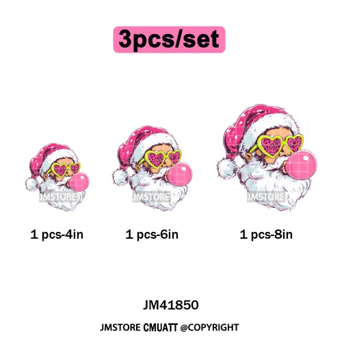 Pink Cartoon Glasses Coffee Drink Leopard Blowing Santa Claus Christmas Iron on DTF Transfer Stickers Ready to Press for T-shirt