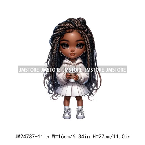 Dreadlocks Coffee Chibi Black Girls Pink Fashion African American Denim Girl Iron On DTF Heat Press Transfer Stickers For Shirts