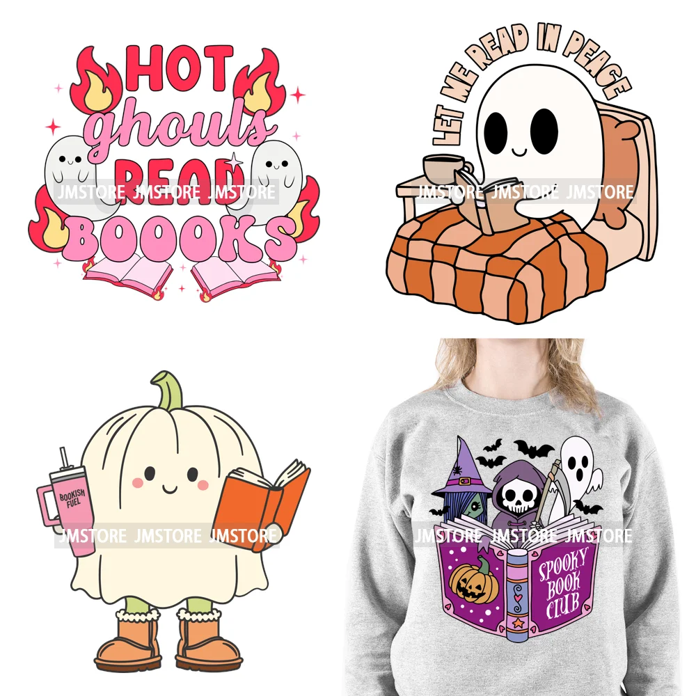 Hot Cute Spooky Ghouls Boo Read Club Bookish Halloween DTF Printing Iron On Transfer Stickers Ready To Press For Hoodies Bags