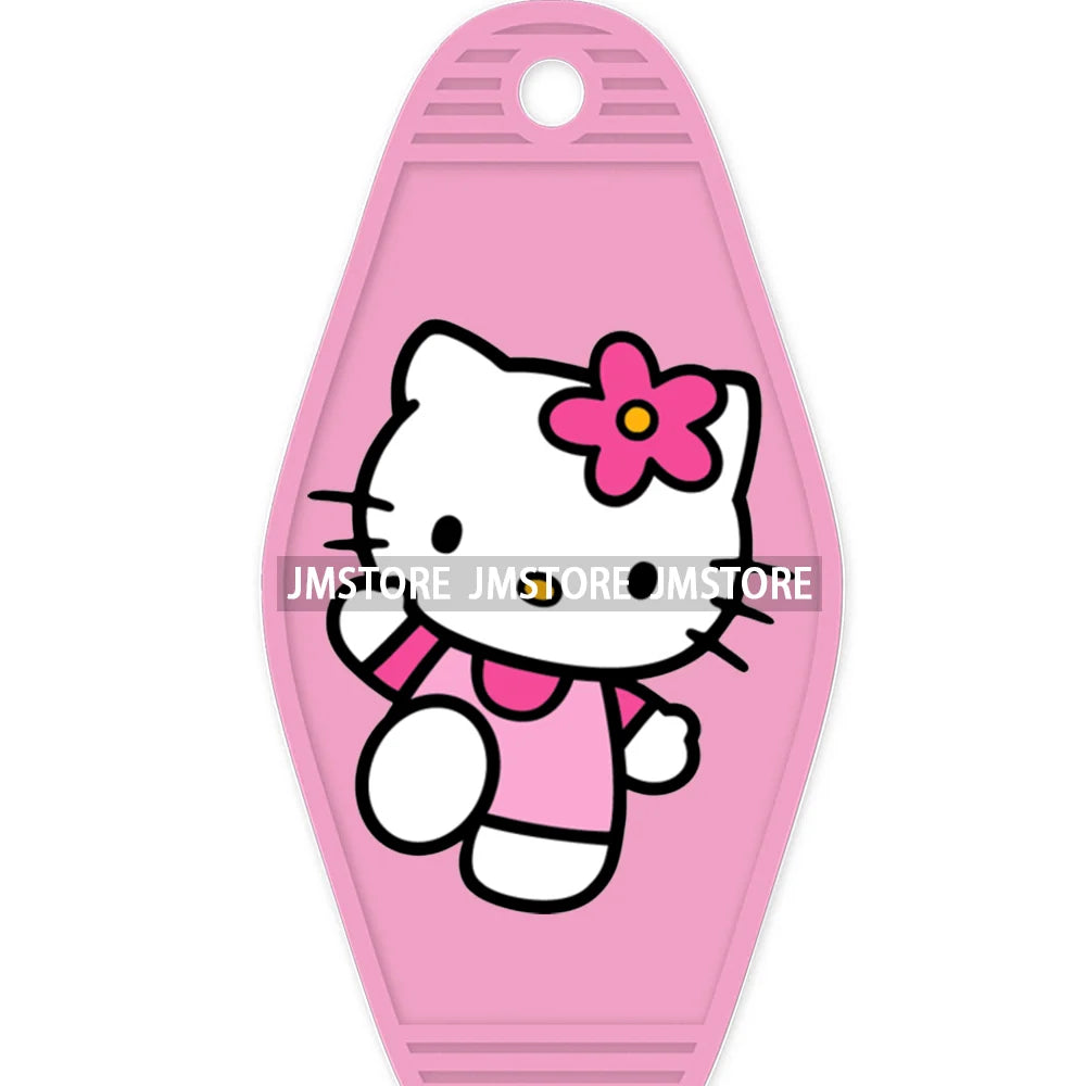 Cute Cartoon Pink Hello Cat With Bow Flower High Quality WaterProof UV DTF Sticker For Motel Hotel Keychain Labels DIY Logo