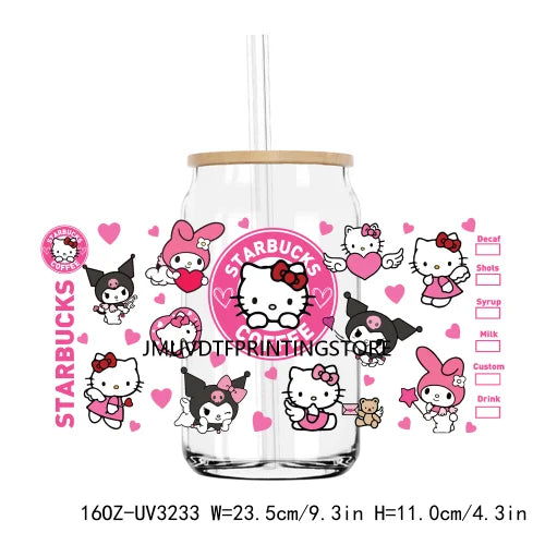 Cartoon Hello Girl Cat Valentine's Day UV DTF Sticker For 16OZ Libbey Glass Cup Can Wrap Transfer Sticker Custom Labels DIY Logo