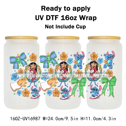 Coquette Bow Cartoon Turtles Characters 16OZ UV DTF Cup Wraps Ready To Apply Waterproof Transfer Stickers For Libbey Glass Can