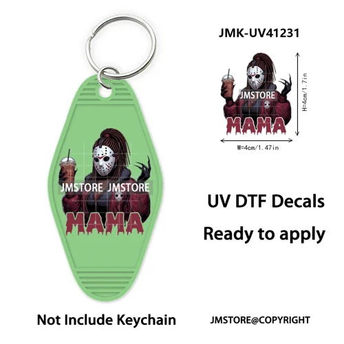 Horror Character Mama Coffee Lover UV DTF Motel Keychain Decal Ready To Ship Durable Transfer Stickers Prints For Hotel Keychain