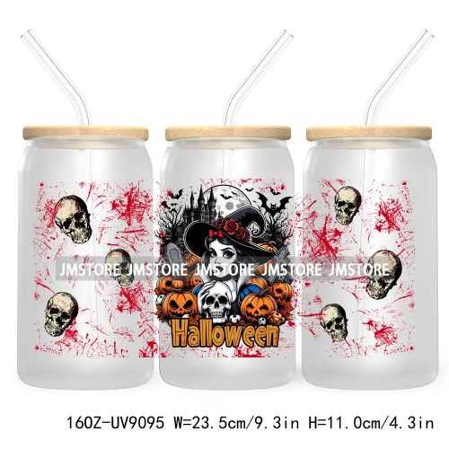 Spooky Halloween Princess 16OZ UV Cup Wrap DTF Transfer Sticker For Libbey Glass Can Cup Tumbler Waterproof Label Trick or Treat