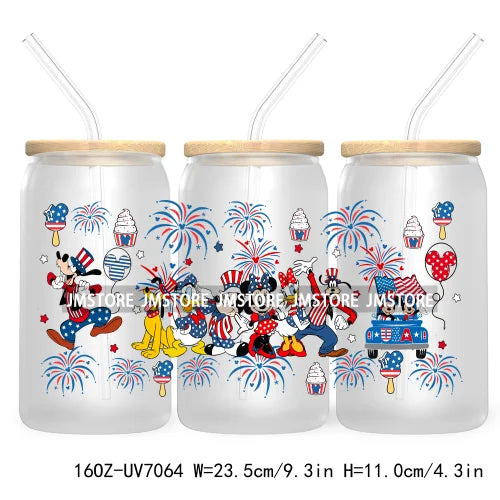 Happy 4TH Of July Cartoon Bear Friends 16OZ UV DTF Cup Wrap Transfer Stickers For Libbey Glass Can Cups Tumbler Waterproof Craft