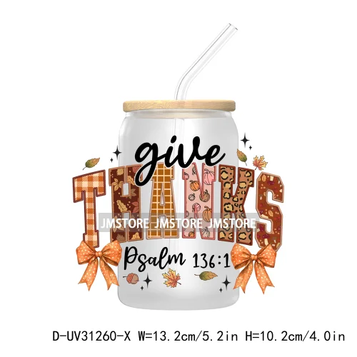 Thanksgiving Pumpkin Fall Bible Verse UV Sticker Decal For Libbey Cold Cup Mug Tumbler Transfer Sticker Coquette Bow Jesus Cross