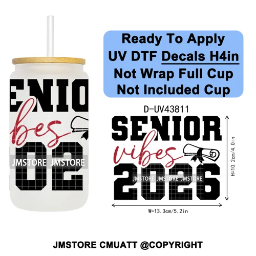 Fresh Class Of 2026 Senior Edition UV DTF Decals Ready To Apply Waterproof Transfer Stickers DIY Craft For 16OZ Libbey Glass Can
