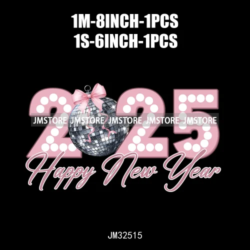 Pink Cheer New Year Eve 2025 Disco Ball Coquette Bow Christmas Party Iron On DTF Transfer ticker Ready To Press For Sweatshirt