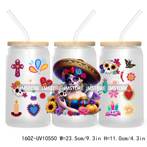 Dia De Los Muertos Mexican UV DTF Sticker For 16OZ Libbey Glass Cup Can Wrap Transfer Stickers Hispanic Halloween Sugar Skulls