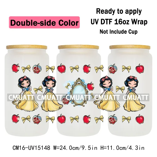 Double Sided Color UV DTF Cup Wraps 16OZ Bulk Waterproof Wholesale Custom Cartoon Cute Princess Mug Glass Water Bottles Sticker