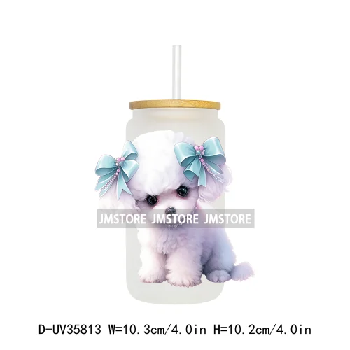 Cute Puppy Coquette Bow Baby Dog UV DTF Transfer Stickers Decals Ready To Apply Waterproof For 16OZ Libbey Glass Can Cup Tumbler