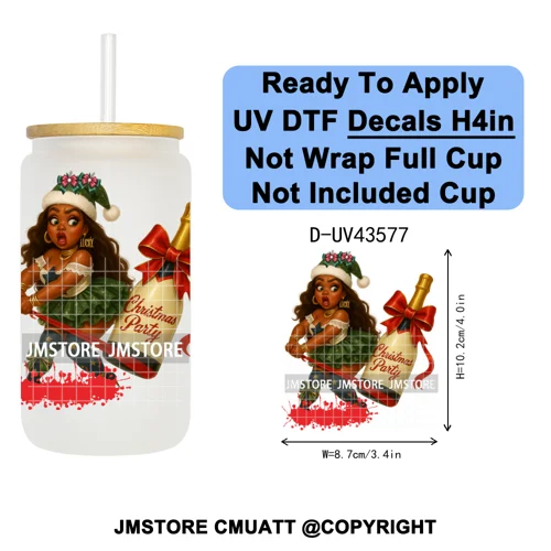 Fashion Black Girl Christmas Party UV DTF Cup Decals Ready To Apply Transfer Stickers Durable Custom Prints For Libbey Glass Can