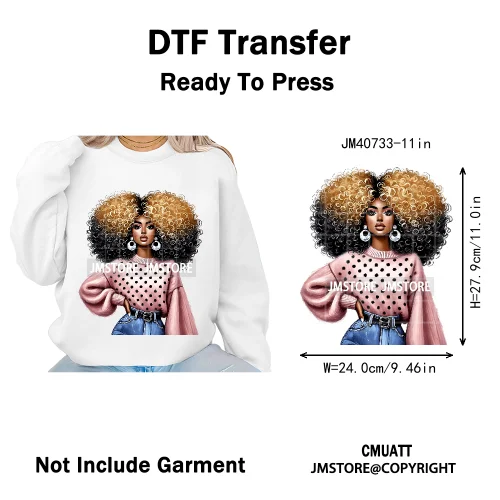 Sassy Curly Afro Women Fashion Hairstyle Urban Melanin Girls Iron on DTF Washable Transfers Stickers Ready to Press for Textile