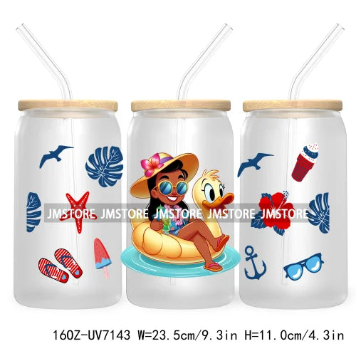 Cartoon Princess's Summer Vacation 16OZ UV DTF Cup Wrap Transfers Stickers For Libbey Glass Can Cups Tumbler Waterproof Craft