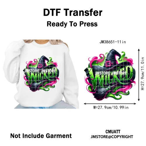 Witch Changed For Good Faux Glitter Pink and Green Movie Iron on DTF Washable Transfers Stickers Ready to Press for Clothes Bags