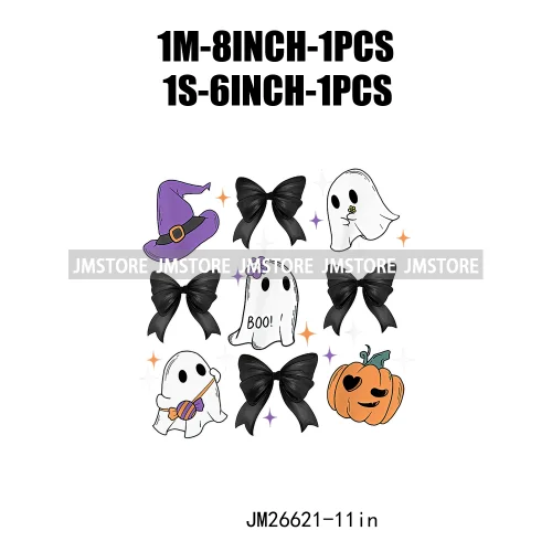 Colorful Halloween Spooky Season Cute Ghost Pumpkin Girly Coquette Bow DTF Iron On Transfers Stickers Ready To Press For T-shirt