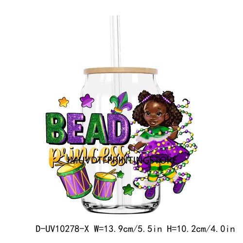 Happy Mardi Gras Afro Messy Bun UV DTF Transfers Stickers Decals For Libbey Cold Cups Mugs Tumbler Waterproof DIY Logo