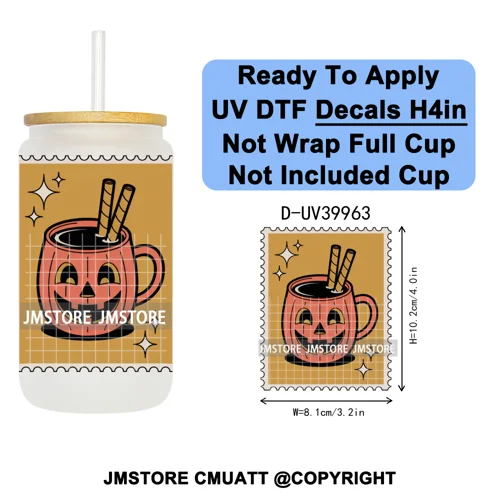 Halloween Stamps Trick Or Treat UV DTF Decals Ready To Apply Waterproof Transfer Stickers DIY Crafts For 16OZ Libbey Glass Can