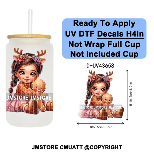 Floral Christmas Latina Chibi Girl UV DTF Transfer Stickers Decals Ready To Apply Good Quality Prints For Libbey Cold Cup Mugs