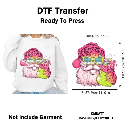 Pink Cartoon Glasses Coffee Drink Leopard Blowing Santa Claus Christmas Iron on DTF Transfer Stickers Ready to Press for T-shirt