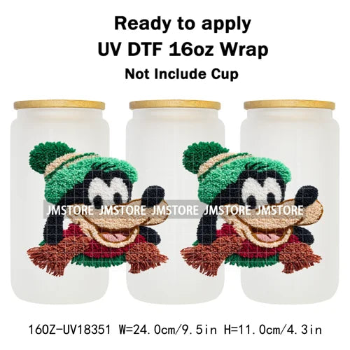 Faux Yarn Christmas Characters UV DTF Cup Wrap Ready To Apply Transfer Stickers Durable 16OZ Tumbler Wraps For Libbey Glass Can