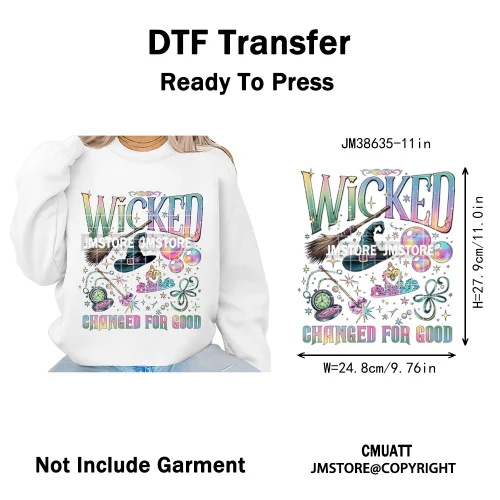 Witch Changed For Good Faux Glitter Pink and Green Movie Iron on DTF Washable Transfers Stickers Ready to Press for Clothes Bags